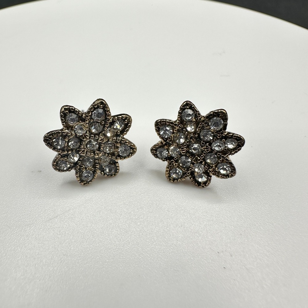 Vintage Francesca's Women's Flower Stud Earrings Clear Rhinestone Bronze Tone